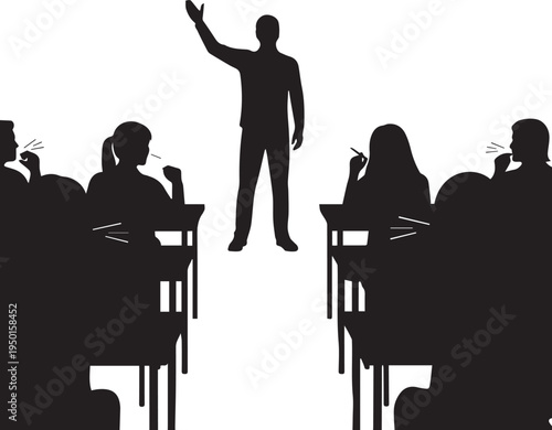 Instructor giving lecture to students silhouette vector illustration, audience seated in classroom