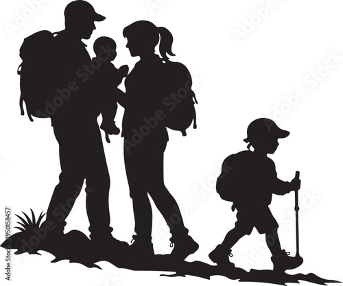 Silhouette of a happy family with two children hiking together in nature with backpacks