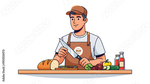 The Culinary Artisan: A skilled culinary professional prepares a delectable sandwich, skillfully wielding a knife amidst a colorful array of fresh ingredients.