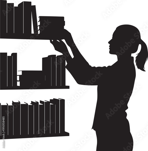 Librarian organizing books on shelves vector illustration silhouette and line art