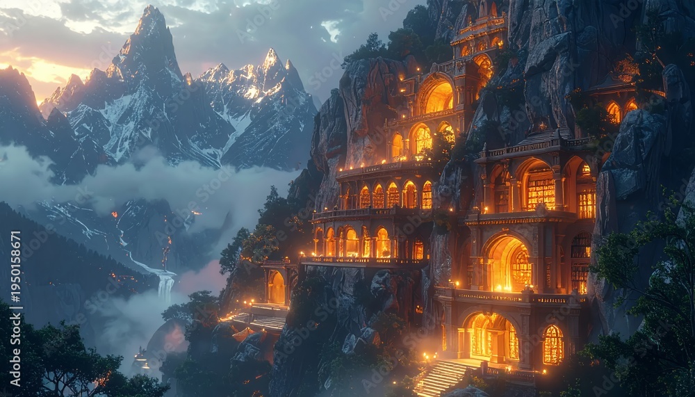 Fototapeta premium Enchanted Mountain Palace Illuminated at Dusk.