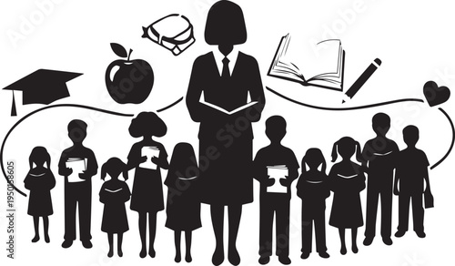 Teacher with students in classroom vector illustration silhouette and line art