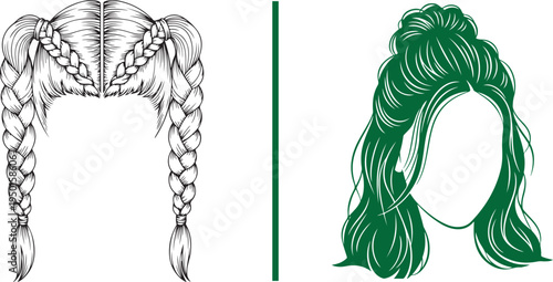 Modern vector art featuring a detailed line-art set of long pigtail braids and a stylish green half-up top knot with loose waves. Ideal for hair salon branding and trendy beauty illustrations.