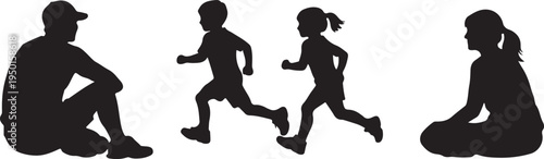 Silhouette of a happy family with parents sitting and children running in a park, family bonding and active lifestyle concept