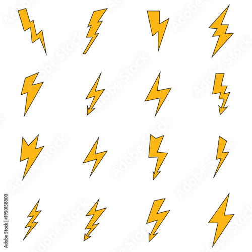 Yellow Lightning Bolt Icons Set . Collection of yellow lightning bolt icons in different shapes and angles, isolated on light background, representing electricity, power, energy, and storm symbols.