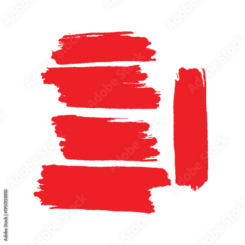 Foto Red paint brush and roller strokes on torn paper banner with grunge texture and