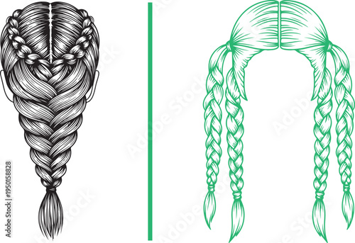 Elegant vector line art of two braided hairstyles: an intricate crown braid updo and a long, classic three-strand plait. Perfect for bridal themes, hair salon branding, and beauty illustrations.