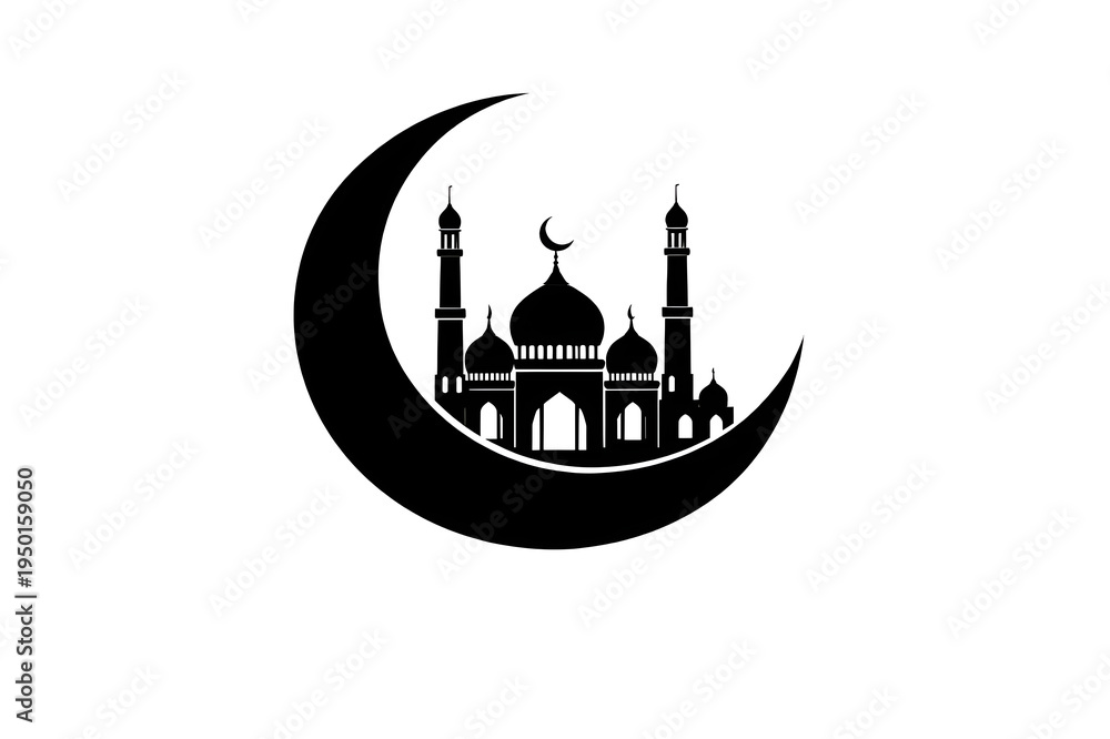 Fototapeta premium Islamic Crescent Moon With Mosque Silhouette Symbol Representing Ramadan Eid Celebration And Faith