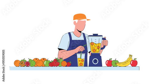 Fresh Juice Creation: A friendly vendor expertly blends fresh fruits to create a vibrant juice, a testament to healthy living and refreshing flavors. 