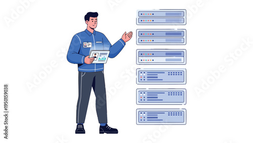 Data Analyst's Presentation: A data analyst, with a focused gaze, uses a digital tablet, pointing towards a series of server racks, demonstrating the intricate workings of the technological landscape