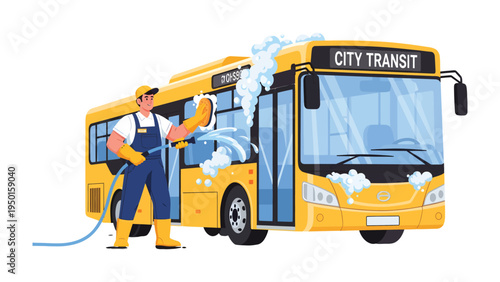 Bus Cleaning: A sanitation worker meticulously cleans a city transit bus, ensuring a pristine appearance.