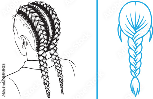 Elegant vector line art featuring a detailed side-swept French braid and an intricate blue circular braided bun. Ideal for bridal hair inspiration and salon branding.