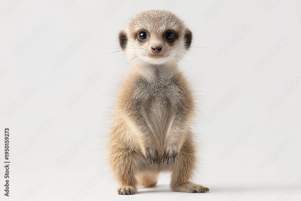 Fototapeta premium Front-facing baby meerkat portrait on bright white background