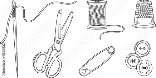 Collection of essential sewing and tailoring tools hand-drawn line art illustration for craft projects and fashion design isolated on white background