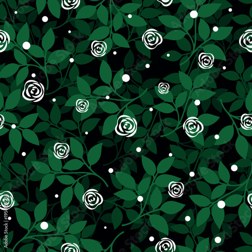 Seamless Floral Pattern with White Roses and Green Leaves on Black Background