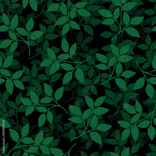 Seamless Botanical Pattern with Green Leaves on Dark Black Background