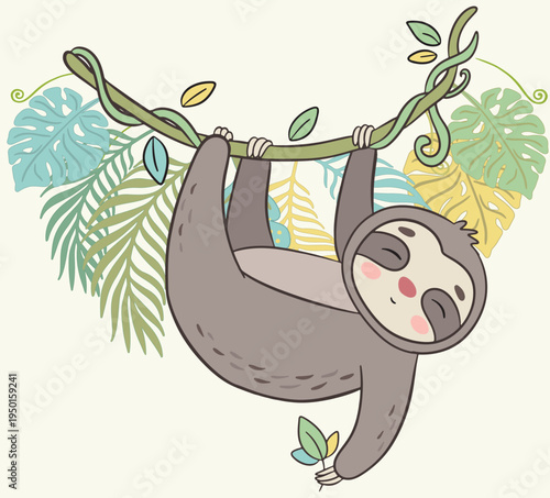 Cute Cartoon Sloth Hanging on a Branch with Tropical Jungle Leaves