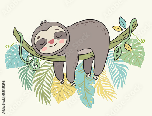 Adorable Sloth Character Sleeping on a Tree Branch with Tropical Foliage