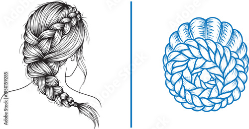 Beautiful vector line art featuring a detailed side-swept French braid and an intricate blue circular braided bun. Ideal for bridal hair inspiration, salon branding, and elegant beauty illustrations.