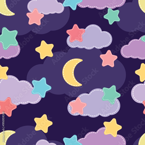 Seamless Night Sky Pattern with Bright Stars and Clouds on Dark Purple Background