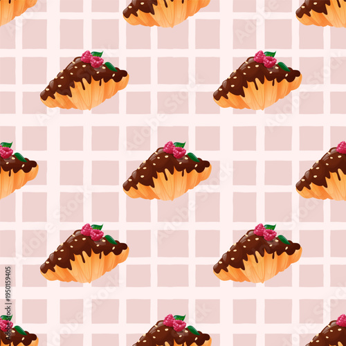 Seamless pattern for bakery products, collection of cartoon pastries croissants on cute light background, flat cartoon style illustration.