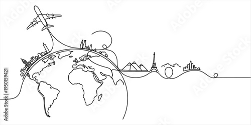 Continuous one line drawing of an airplane flying around the globe with world landmarks, travel and tourism concept.