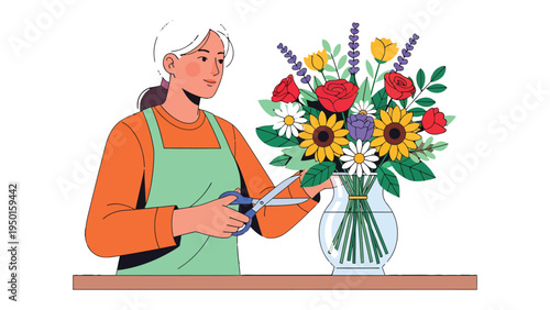 The Art of Floristry: An expert florist, amidst a vibrant collection of blooms, meticulously arranges a bouquet with precision, creating a masterpiece of color and form.