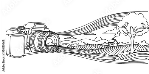 Continuous one line drawing of a camera capturing a nature landscape with mountains, trees and house, photography concept.
