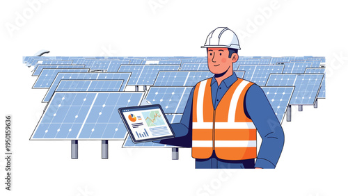 Solar Panel Engineer: A skilled engineer, stands among rows of solar panels, holding a tablet displaying vital data, showcasing expertise in renewable energy and sustainable solutions.