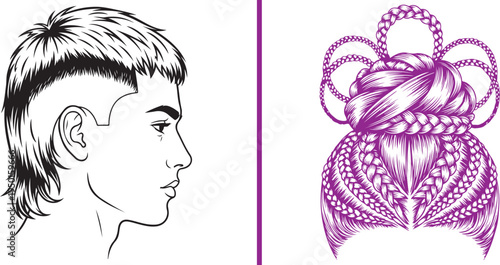 Vector illustration of a modern bowl-cut fade with a textured mullet back and an elaborate purple braided updo with halo loops. Creative hair silhouettes for avant-garde styling and salon branding.