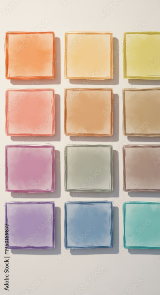 Fototapeta premium Twelve translucent, rectangular blocks displaying soft gradient colors are neatly organized in a three-by-four grid against a light surface.