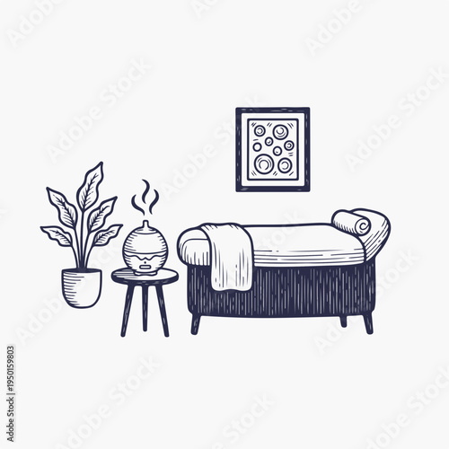 Aromatherapy diffuser in spa treatment room. Vintage line art vector graphic. Wellness interior with massage table and plant. Isolated engraving style drawing