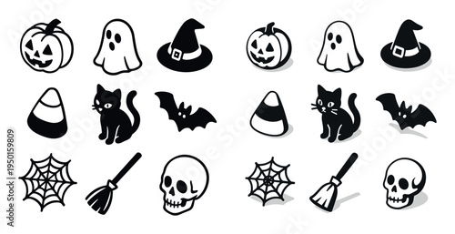 Halloween icons with pumpkin ghost bat flat