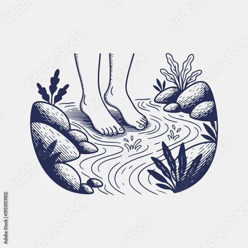 Bare feet in forest stream vector. Vintage hand drawn nature and wellness scene. Retro line art of water and rocks isolated on white
