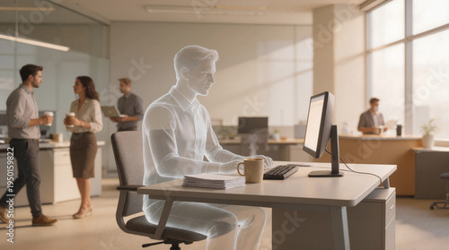 Translucent ghost employee sitting at a desk in a busy office. Surreal concept of burnout and invisibility at work. Professional man working on a computer as a transparent figure