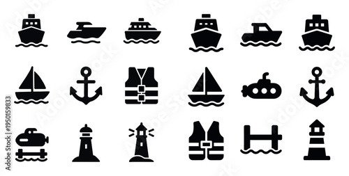 Maritime icons with ship anchor life vest solid