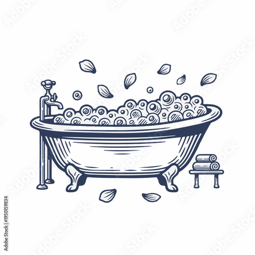 Vintage clawfoot bathtub with bubbles and flower petals vector. Hand drawn spa and bathroom scene. Retro line art graphic isolated on white