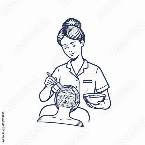 Beauty therapist applying facial mask to client vector. Vintage line art of spa treatment and skincare. Professional esthetician graphic isolated on white