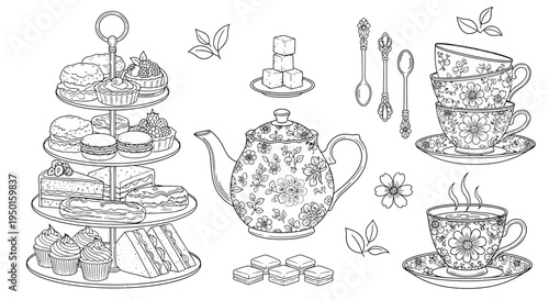A delightful high tea spread featuring a tiered cake stand, teapot, teacups, and assorted pastries, all rendered in a charming line art style