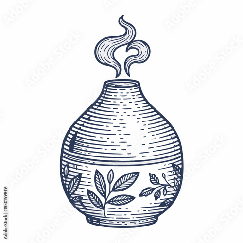 Vintage aromatherapy diffuser with steam vector. Retro line art graphic of essential oil burner. Wellness and spa concept