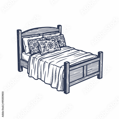 Vintage wooden bed with decorative floral pillows. Line art vector drawing of bedroom furniture. Classic engraving style furniture element isolated on white