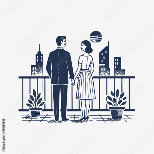 Vintage style vector graphic of a couple on a hotel terrace. Retro city skyline view with man and woman holding hands. Travel and romance concept isolated on white