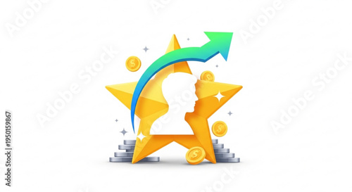 Golden stars with green arrow and coins on white background symbolizing growth and success