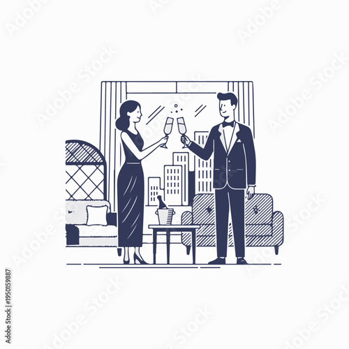 Vintage style flat vector artwork of a couple toasting champagne in a luxury suite. Minimalist line art of romantic celebration. Elegant characters in hotel room interior isolated on white