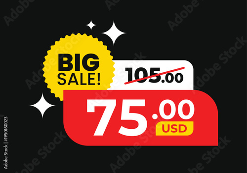 Price before and after modern sale banner with big discount price tag, crossed old price, spark, and big sale words on black background. For icon, logo, label, badge, sign. Vector Illustration