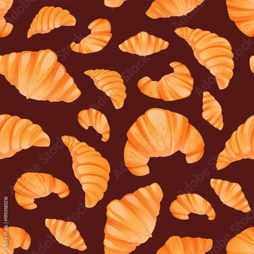Seamless pattern featuring croissants and pastries. Bread rolls, sweets, and golden fresh croissants made from puff pastry are featured in prints, wallpaper, and product design. Hand-drawn cartoon