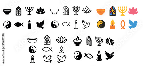Spiritual icons with menorah dove lotus flat