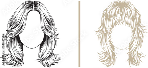 Stylized vector line art of two retro-inspired hairstyles: a sleek 70s layered blowout with outward flips and a textured, shaggy wolf cut with choppy bangs. Ideal for salon branding and hair guides.