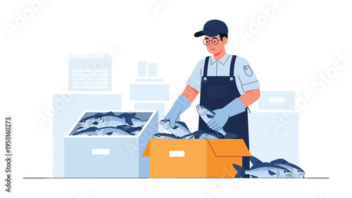 Fish Processing and Handling: A worker diligently sorts and organizes fresh fish, showcasing the care and precision involved in the seafood industry.