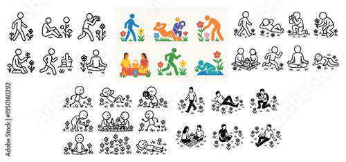 Garden icons with plant flower people colorful